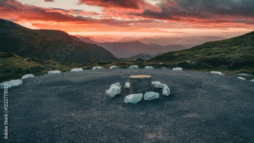Scenic mountain parking area featuring gravel and white granite stones with a wooden table at center under a colorful sunset sky.