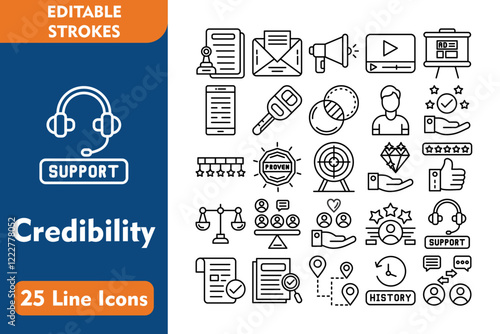 Credibility Line Editable Icons set. Vector illustration in thin line modern style related icons:attestation, proven, role model, validity, support, 