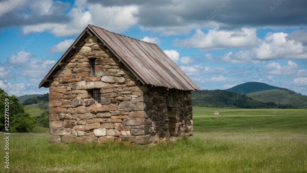 Historic stone building in a green pasture under a blue sky with scattered clouds, surrounded by hills in a tranquil provincial landscape. Historic stone building in a green pasture under a blue sky with scattered clouds, surrounded by hills in a tranquil provincial landscape.