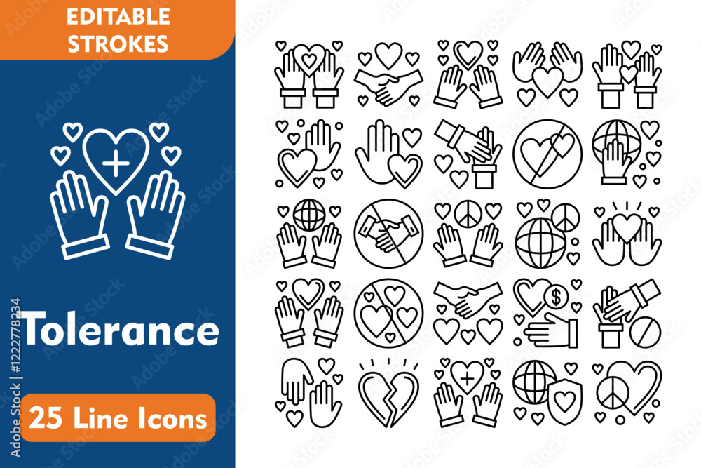 Naklejka premium Tolerance Line Editable Icons set. Vector illustration in thin line modern style related icons:charity, holding hands, relationship, healthcare, hands up, hand heart, enlightenment, support, 