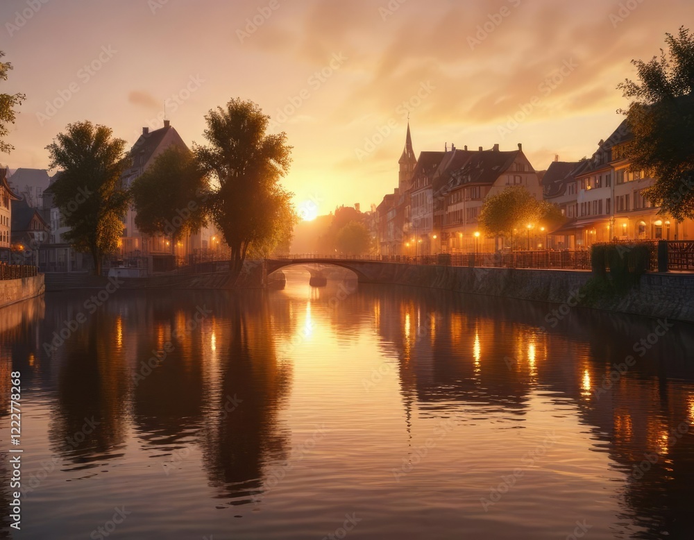 Fototapeta premium Golden hour on Strasbourg river with misty atmosphere, peaceful, atmosphere, serene