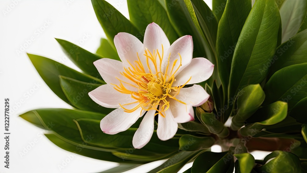 Delicate Manuka flower in full bloom with soft pink petals and vibrant yellow stamens surrounded by dark green leaves on a clean white backdrop Delicate Manuka flower in full bloom with soft pink petals and vibrant yellow stamens surrounded by dark green leaves on a clean white backdrop