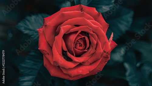 Vibrant close-up of a soft red rose with layered petals centered against dark green foliage highlighting its rich color and delicate texture. photo