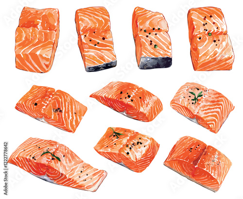 Salmon Fillet Pieces Watercolor Set Modern Technique Illustration On White Unique Artwork Creative Design Decorative Elements Artistic Visuals Modern Graphics