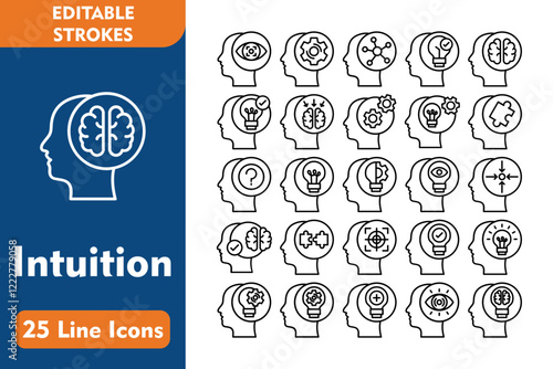 Intuition Line Editable Icons set. Vector illustration in thin line modern style related icons:visualization, bulb, have an idea, creative, knowledge, idea, positive thinking, vision, 