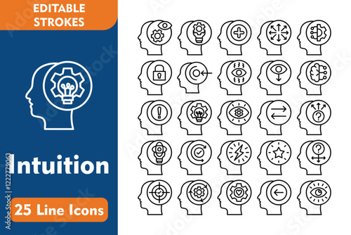 Intuition Line Editable Icons set. Vector illustration in thin line modern style related icons:intuition, consideration, mentally fine, opportunity, critical thinking, extrovert, 