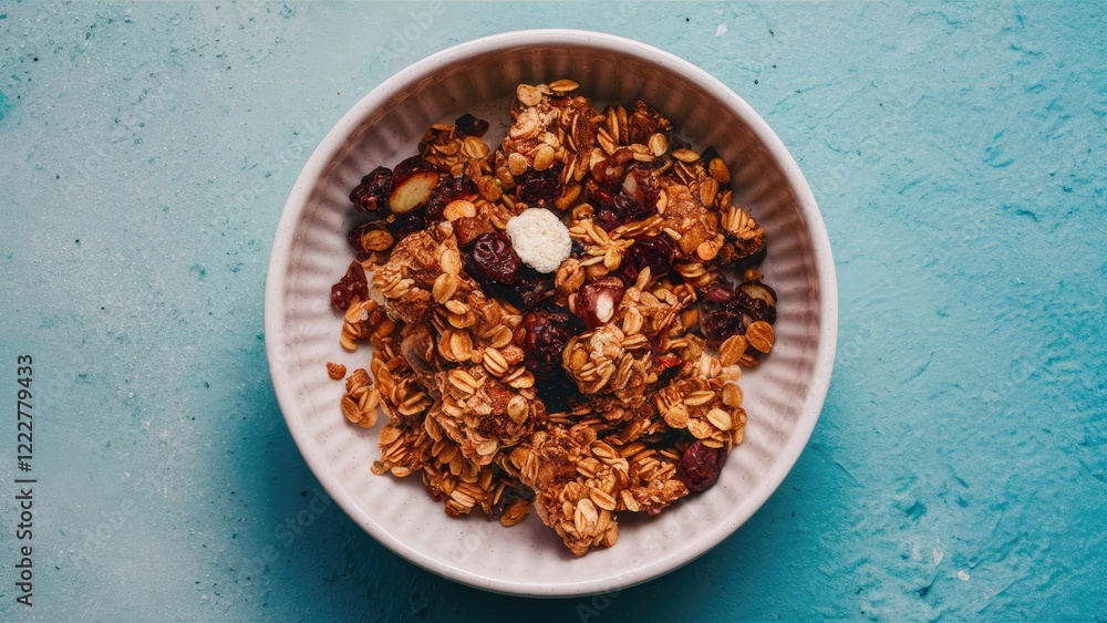 Delicious granola bar fragments in a white bowl on a turquoise surface topped with nuts and dried fruit in a rustic composition Delicious granola bar fragments in a white bowl on a turquoise surface topped with nuts and dried fruit in a rustic composition