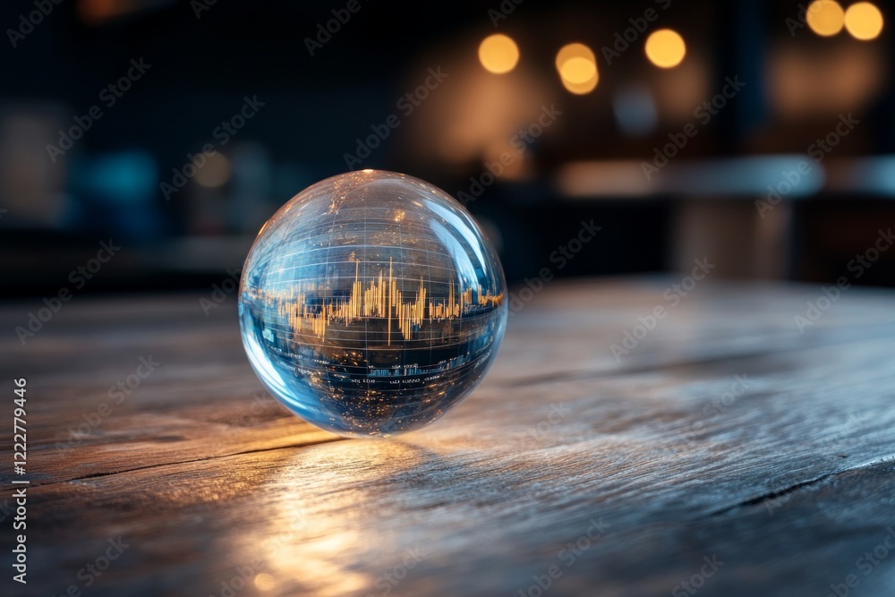 A glass sphere reflecting a cityscape on a wooden surface. A glass sphere reflecting a cityscape on a wooden surface.