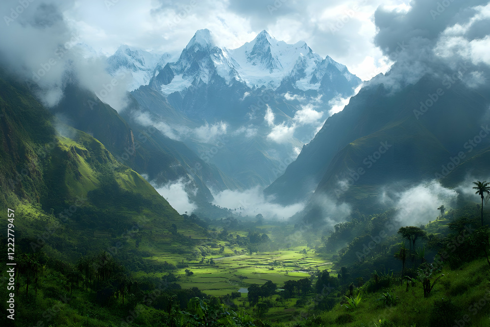 Fototapeta premium Majestic Himalayan valley sunrise, misty landscape, travel poster