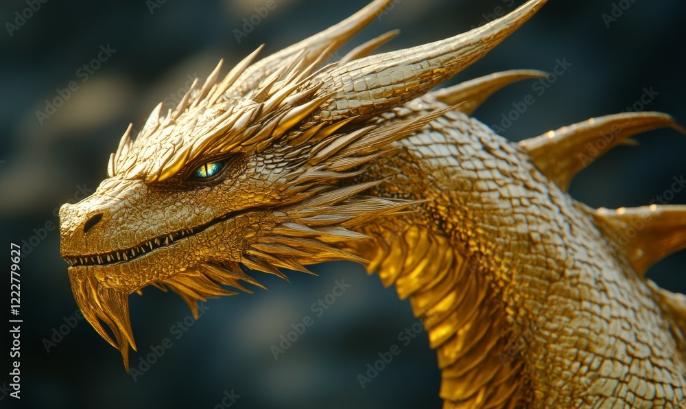 Gold dragon with a triangular head and a long tail. The dragon has a menacing look on its face Gold dragon with a triangular head and a long tail. The dragon has a menacing look on its face