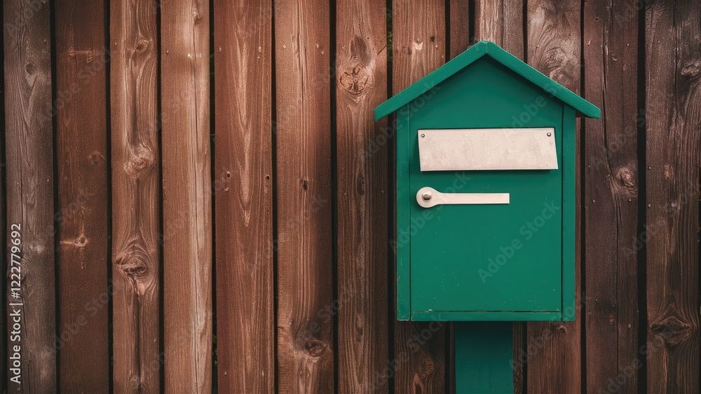 Green wooden mailbox positioned to the right against a rustic brown wooden backdrop with vertical planks creating a warm, inviting texture. Green wooden mailbox positioned to the right against a rustic brown wooden backdrop with vertical planks creating a warm, inviting texture.