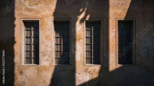 Aged textured wall with four windows casting deep shadows under warm sunlight highlighting earthy tones and intricate architectural details photo