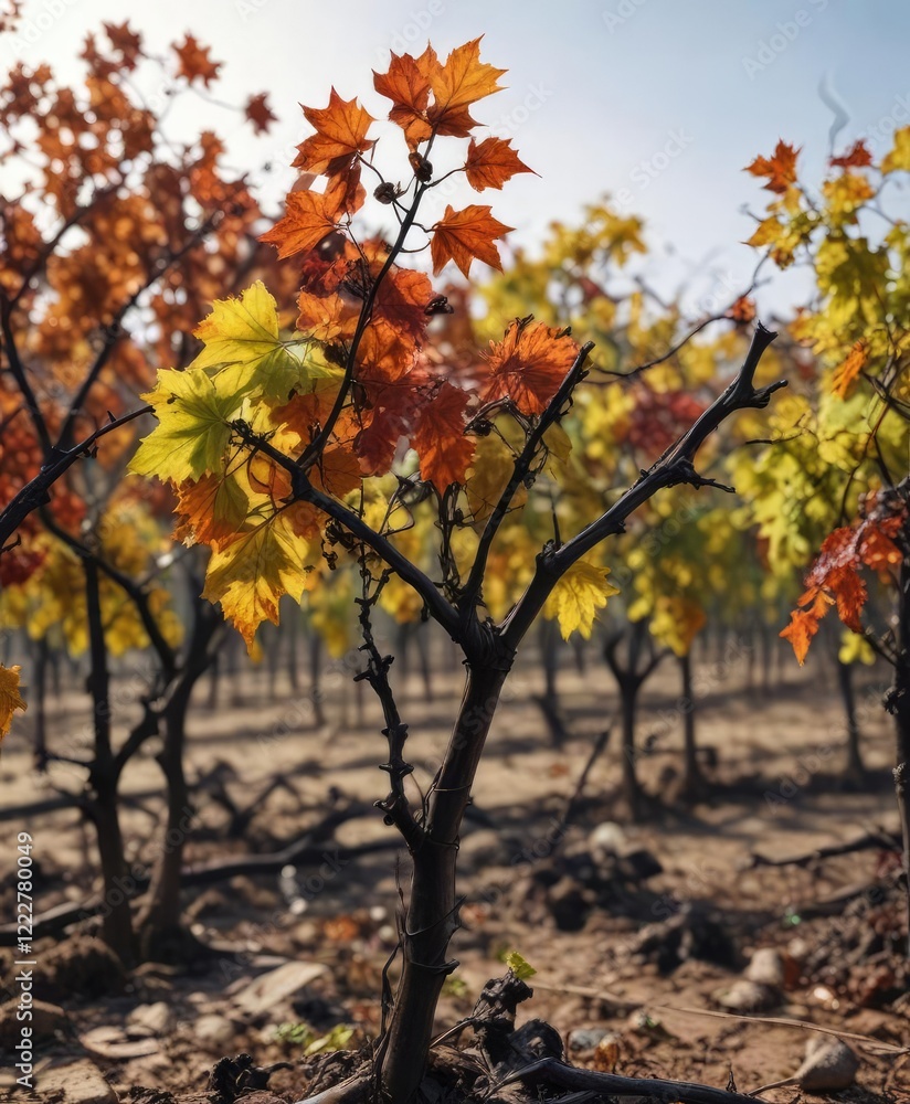 Grapevines with blackened stems and wilting leaves due to bacterial disease, infected plants, plant health issues Grapevines with blackened stems and wilting leaves due to bacterial disease, infected plants, plant health issues
