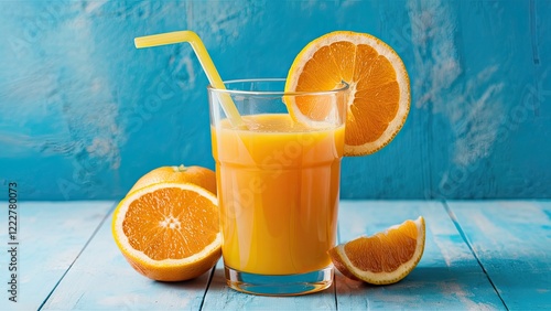 Fresh orange juice in a clear glass with a yellow straw, garnished with orange slices, set against a vibrant blue wooden background. photo