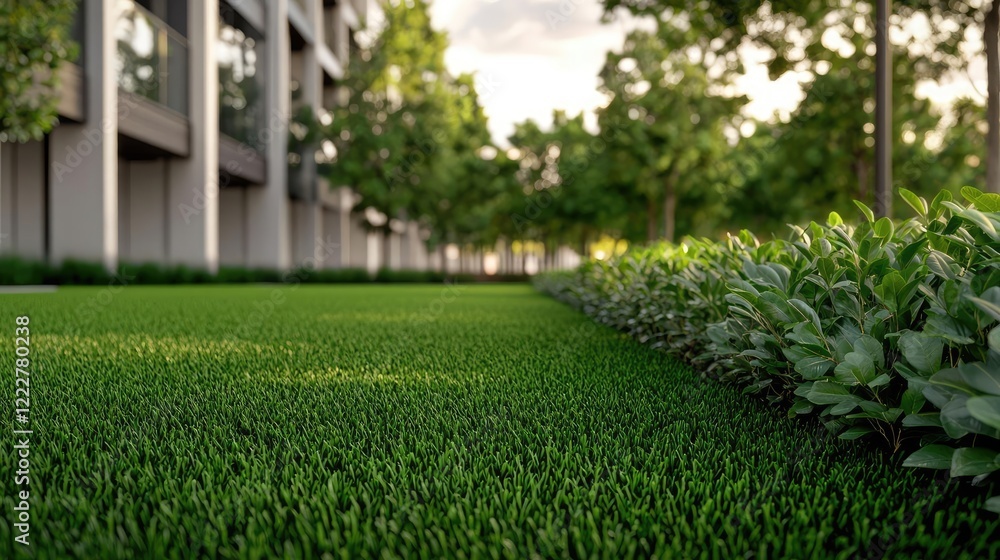 Obraz premium Gardening landscaping concept. Vibrant green lawn with neatly trimmed grass and lush shrubs near a modern building.