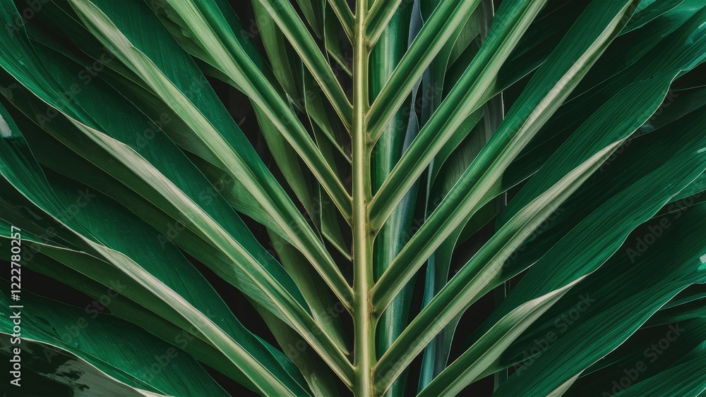 Fototapeta premium Vibrant green palm leaf backdrop with symmetrical foliage pattern creating a lush tropical ambiance for creative imagery and design projects.