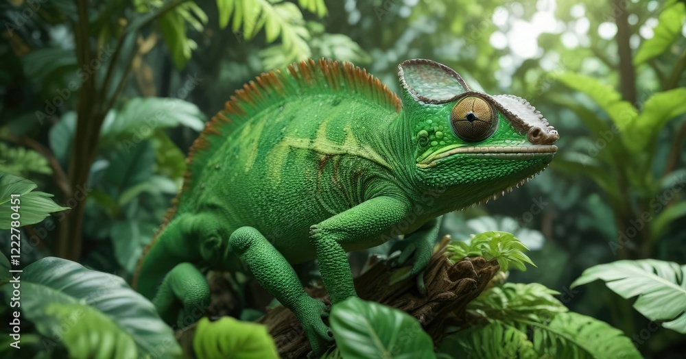 Obraz premium Green Chameleon blending into leafy greens of a tropical plant, chameleon, outdoor, green