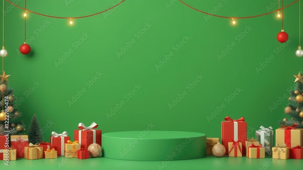 Green background Christmas podium stand with colorful presents and holiday items, holiday scene, Christmas display Green background Christmas podium stand with colorful presents and holiday items, holiday scene, Christmas display