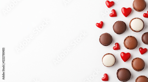 Delicious Chocolate Macarons with Red Hearts on a White Background for Celebrations