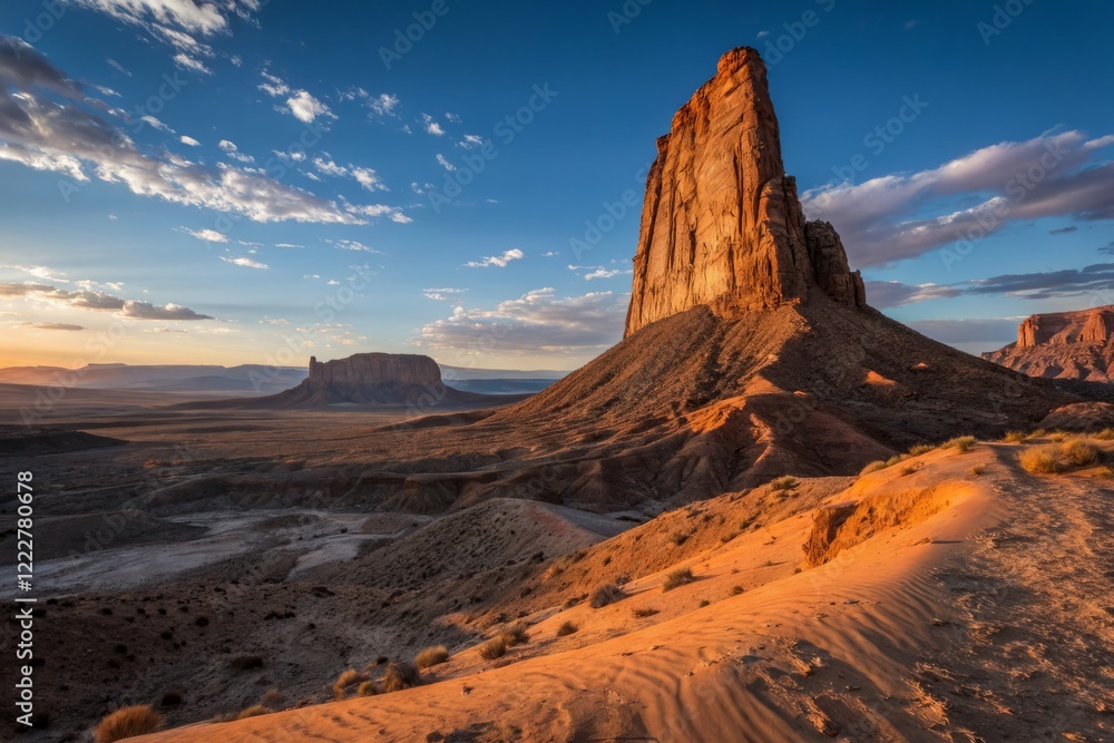 Naklejka premium Majestic Panorama: Long Needle Rock Formation at Golden Hour