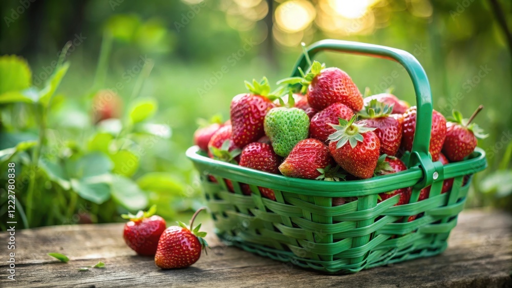 Freshly picked strawberries in a green basket, fruit, strawberries, fruit,strawberries, farm Freshly picked strawberries in a green basket, fruit, strawberries, fruit,strawberries, farm