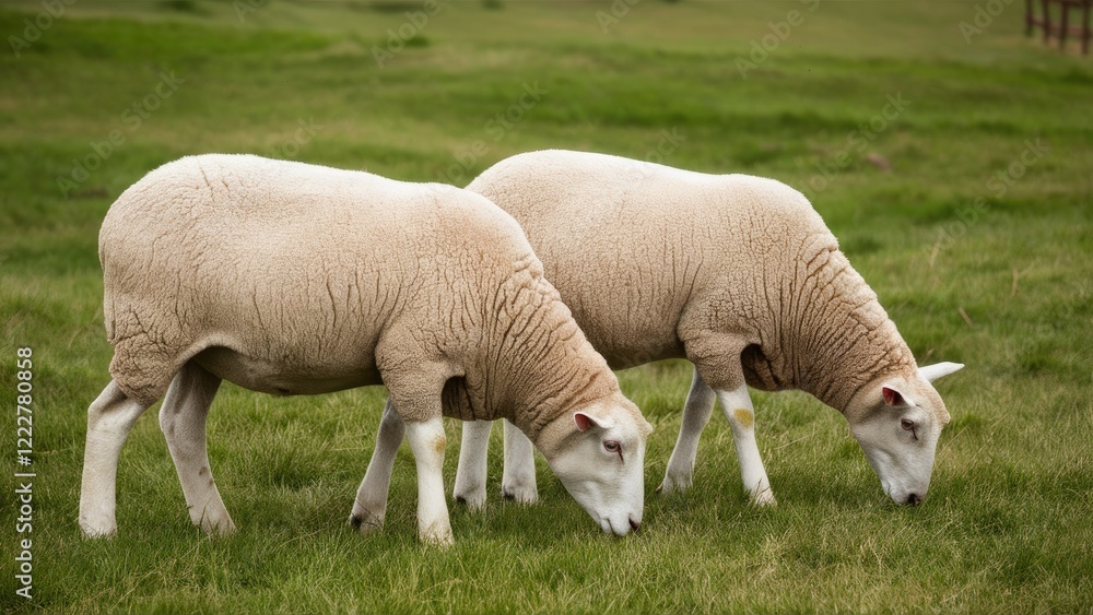 Twin sheep grazing in lush green meadow, close-up view showcasing their woolly texture and serene environment under soft natural light. Twin sheep grazing in lush green meadow, close-up view showcasing their woolly texture and serene environment under soft natural light.