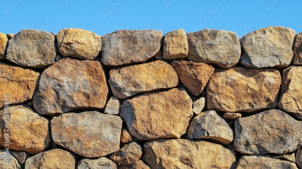 A rugged, uneven stone wall captured with a sharp blue sky above A rugged, uneven stone wall captured with a sharp blue sky above