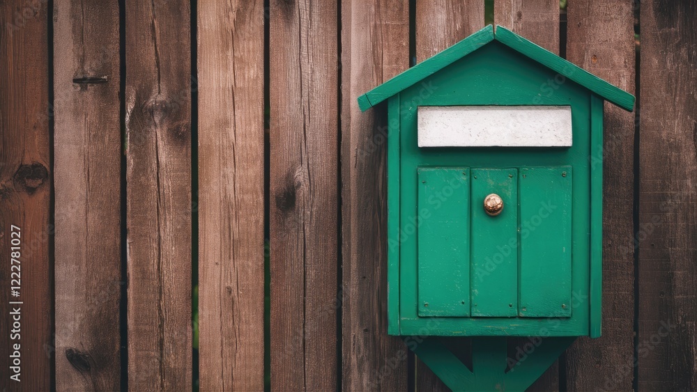 Green wooden mailbox with brass knob positioned on the left against a vertical brown wooden backdrop creating a rustic, charming effect. Green wooden mailbox with brass knob positioned on the left against a vertical brown wooden backdrop creating a rustic, charming effect.