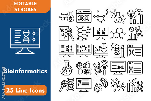 Bioinformatics Line Editable Icons set. Vector illustration in thin line modern style related icons:biotechnology, website, molecular, bioengineering, analytics, data analytics, 