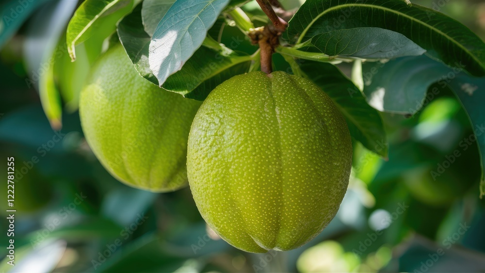 Green sapodilla fruits hanging in clusters from a lush tree, surrounded by vibrant green leaves, capturing a tropical orchard scene. Green sapodilla fruits hanging in clusters from a lush tree, surrounded by vibrant green leaves, capturing a tropical orchard scene.