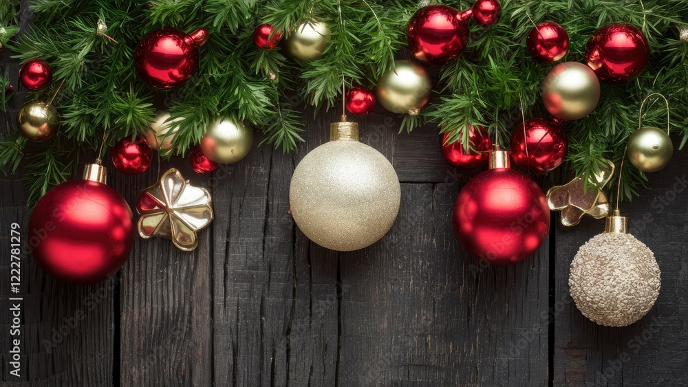 Christmas decorations with red and gold ornaments hanging from greenery on a dark wooden background creating a festive holiday atmosphere Christmas decorations with red and gold ornaments hanging from greenery on a dark wooden background creating a festive holiday atmosphere