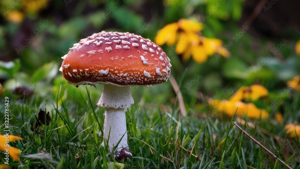 Fly agaric mushroom in vibrant orange with white spots on a lush green lawn surrounded by yellow flowers, captured in October. Fly agaric mushroom in vibrant orange with white spots on a lush green lawn surrounded by yellow flowers, captured in October.