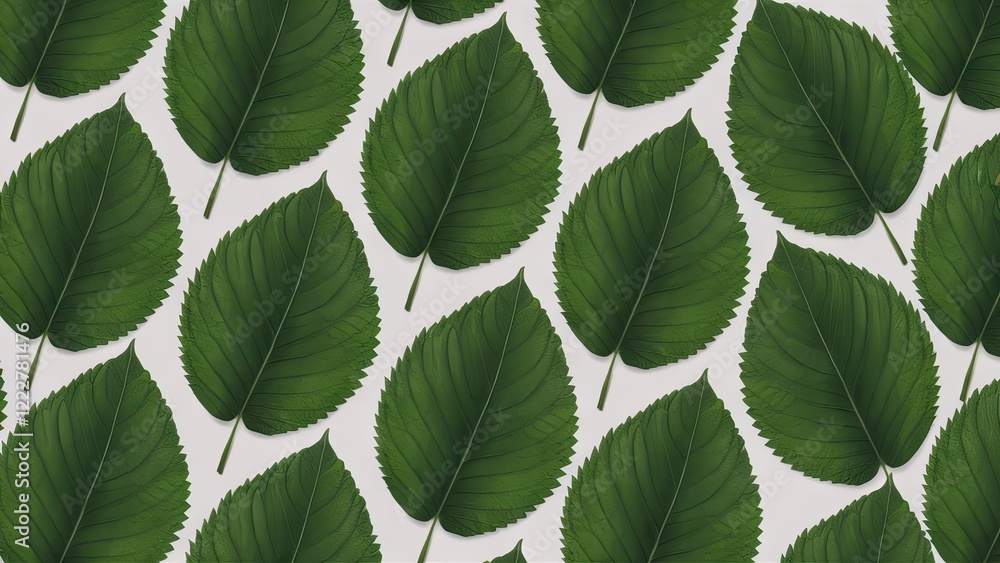 Fototapeta premium Green leaf pattern on white background, large symmetrical leaves in varying positions creating a harmonious, natural design. Ideal for nature themes.