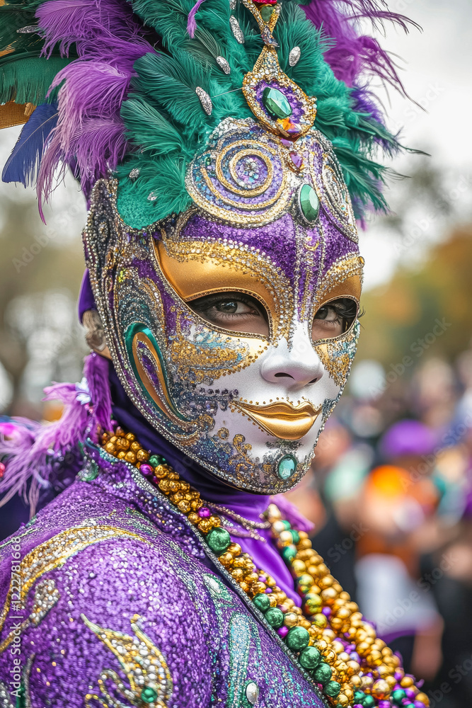 Fototapeta premium Vibrant mardi gras parade costume and mask with beads for festival celebration
