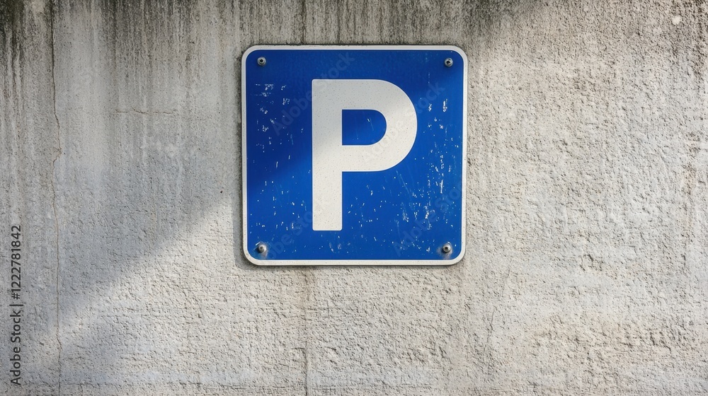 Blue Parking Sign on Weathered Wall in Urban Environment Blue Parking Sign on Weathered Wall in Urban Environment