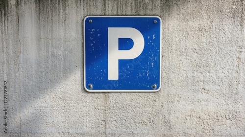 Blue Parking Sign on Weathered Wall in Urban Environment