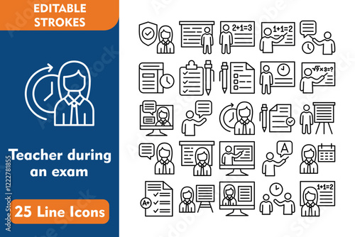 Teacher during an exam Line Editable Icons set. Vector illustration in thin line modern style related icons:security, board, teacher, learn, lesson, time to study, checklist, quiz, time management, 