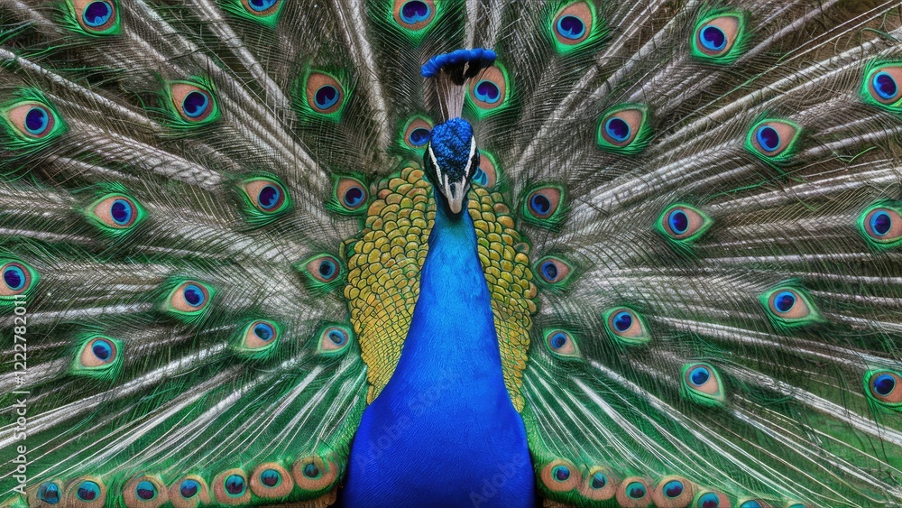 Fototapeta premium Majestic blue peacock showcasing vibrant blue and green feathers with an intricate pattern, positioned centrally against a soft neutral background.