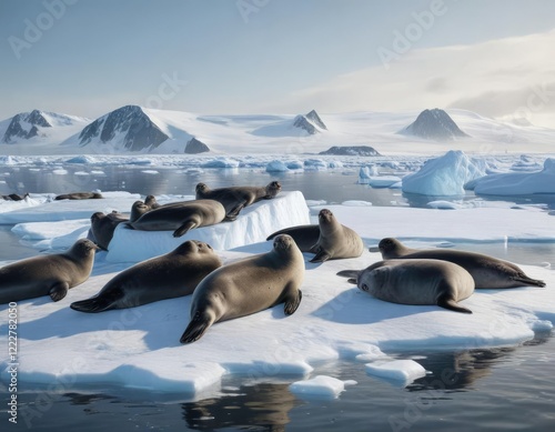 Group of weddell seals basking on ice floe in Antarctica, iceberg, wilderness, wildlife, Arctic, cold photo