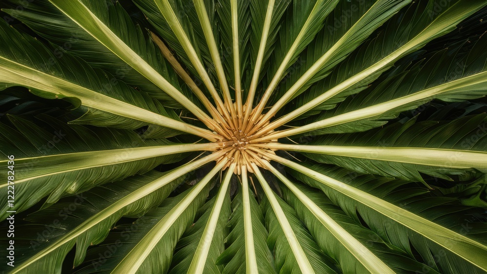 Symmetrical top view of a green palm seed pod radiating from the center, surrounded by lush green leaf foliage creating a vibrant tropical aesthetic. Symmetrical top view of a green palm seed pod radiating from the center, surrounded by lush green leaf foliage creating a vibrant tropical aesthetic.