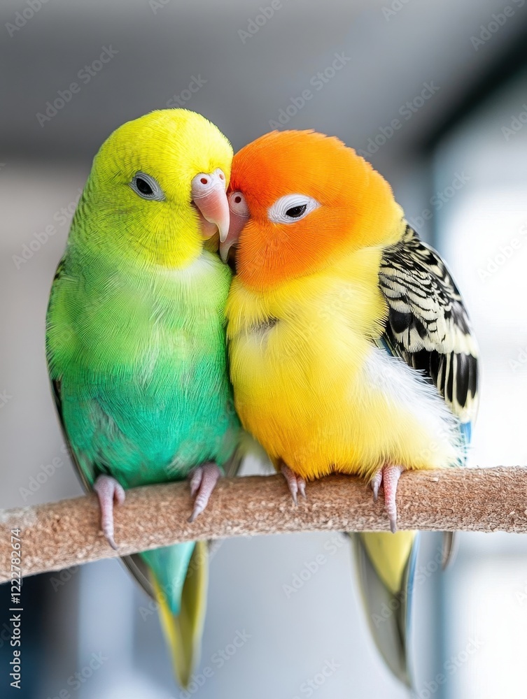 Fototapeta premium Colorful Budgerigars Sharing Affection on a Perch in Bright Light