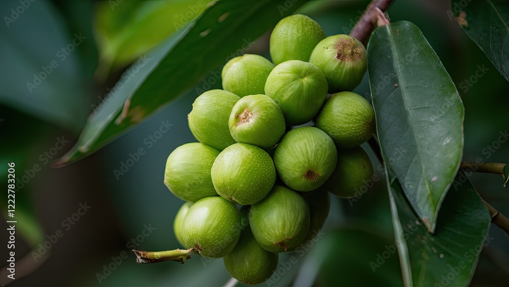 Bunch of green tropical fruits clustered on a branch surrounded by vibrant green leaves in a natural forest setting. Bunch of green tropical fruits clustered on a branch surrounded by vibrant green leaves in a natural forest setting.