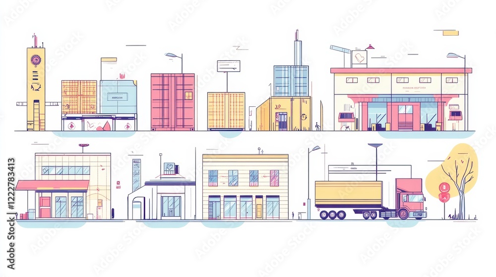 Cargo and container transportation and delivery linear flat vector abstract concept illustrations set. Global logistics, port loading, logistics center, parcel delivery, postal service. illustration