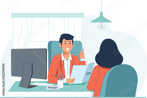 Job Interview with Manager Holding Resume Illustration A close-up view of a manager holding a resume while discussing the candidate's qualifications.
