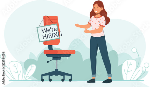 Job Vacancy Announcement Illustration We're Hiring A vibrant "We’re Hiring" graphic featuring a job board, applications, and a welcoming office environment.