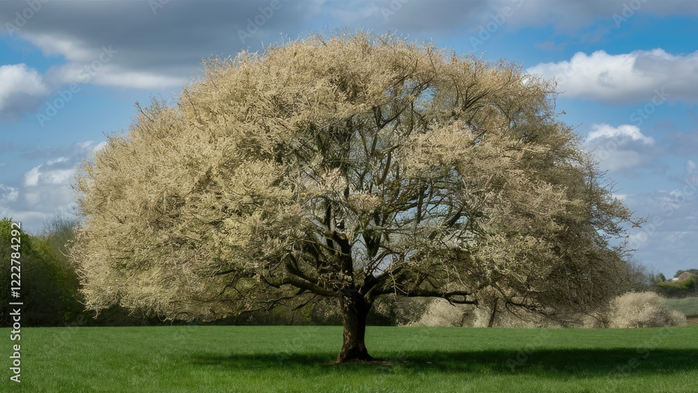 Majestic Prunus padus tree with a wide, round crown, adorned with light cream flowers, set against a vibrant green grassy field under a cloudy sky. Majestic Prunus padus tree with a wide, round crown, adorned with light cream flowers, set against a vibrant green grassy field under a cloudy sky.