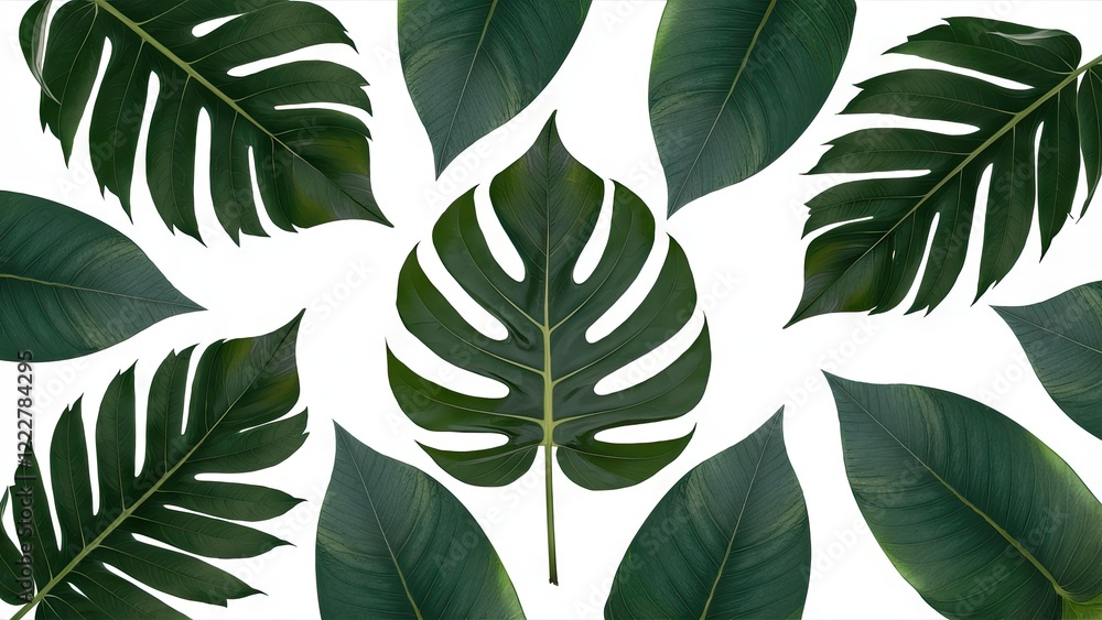 Fototapeta premium Elegant arrangement of large tropical leaves in deep green against a clean white background featuring a central split leaf pattern for design use