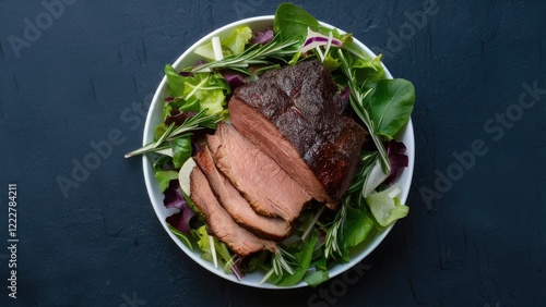 Sliced pork brisket placed on a bed of vibrant salad greens with rosemary accents in a round white bowl against a dark textured background photo