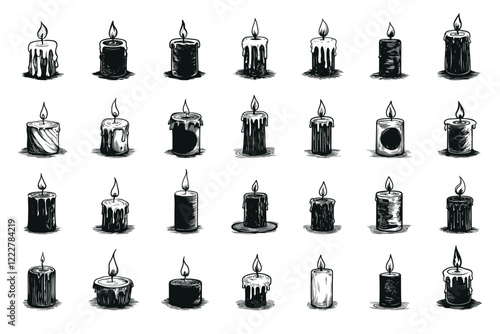 Wax Candles Icons Hand Drawn Illustrations Set White Background Unique Artwork Creative Symbols Lighting Elements Decorative Collection Artistic Visuals Modern Graphics Distinctive