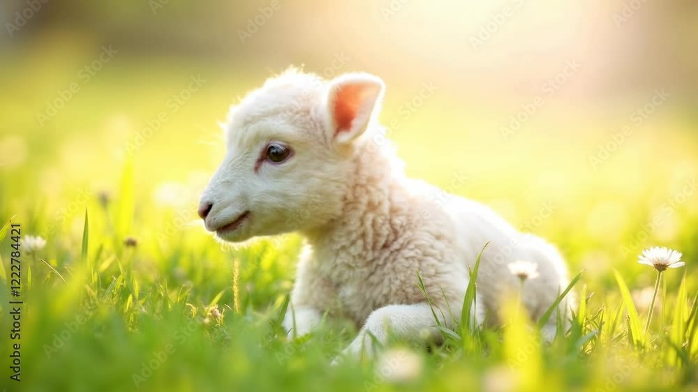Baby lamb in green grass outdoor. Natural, bright concept. Animal footage for presentation, website, social media, background. Close up view Baby lamb in green grass outdoor. Natural, bright concept. Animal footage for presentation, website, social media, background. Close up view